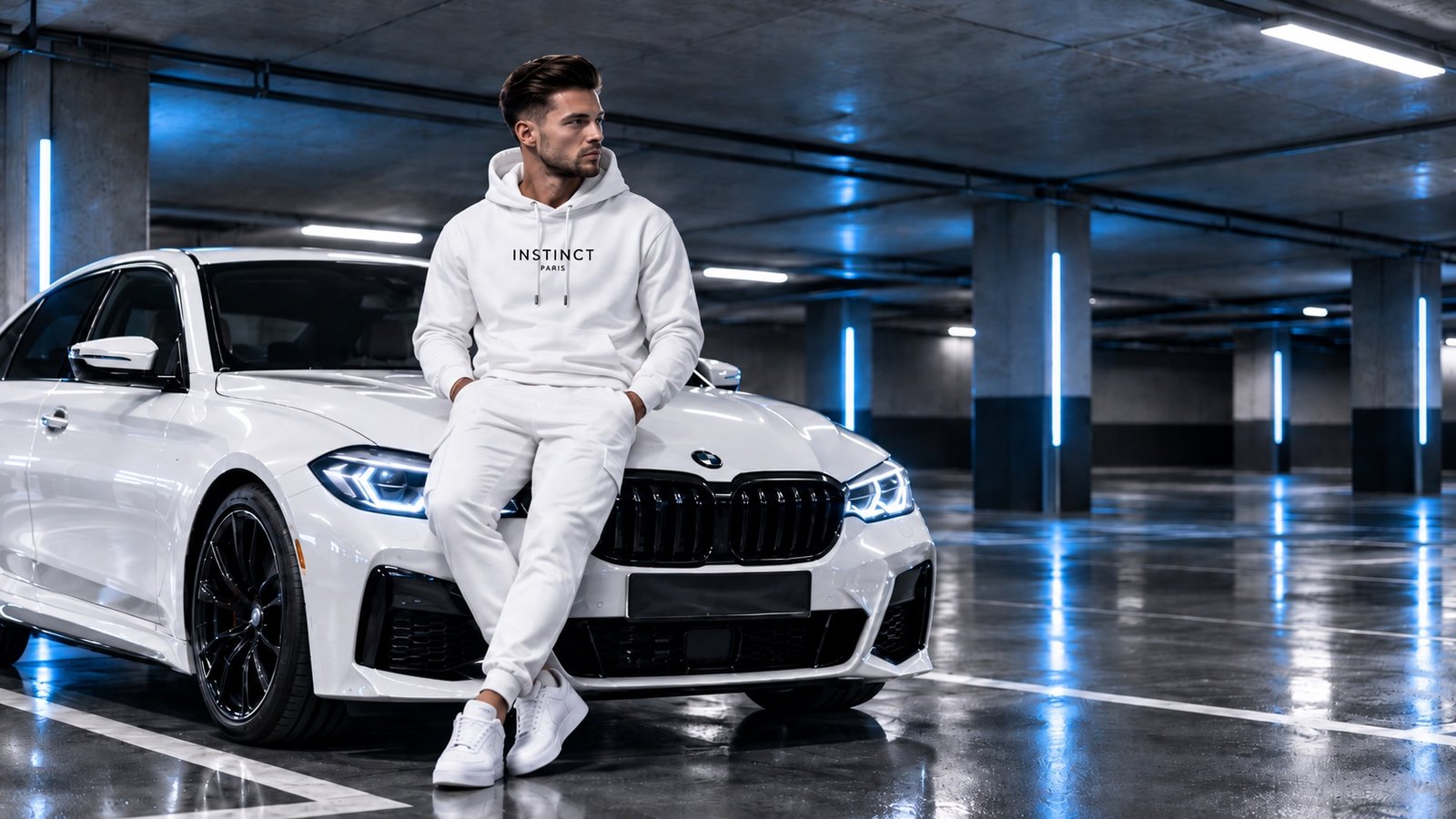 Modèle INSTINCT PARIS portant un sweat à capuche blanc devant une voiture dans un parking