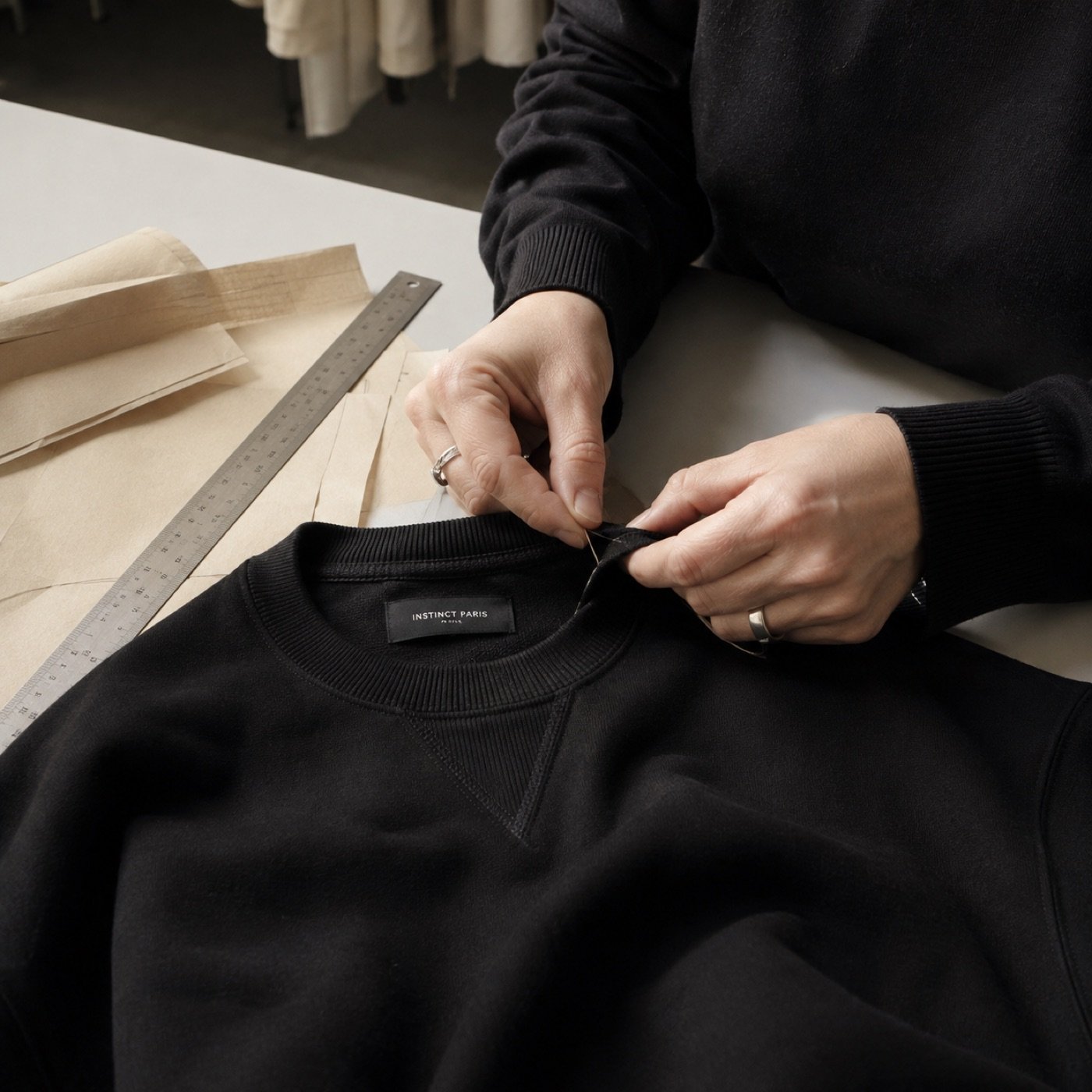 Finition d'un sweat INSTINCT PARIS dans un atelier