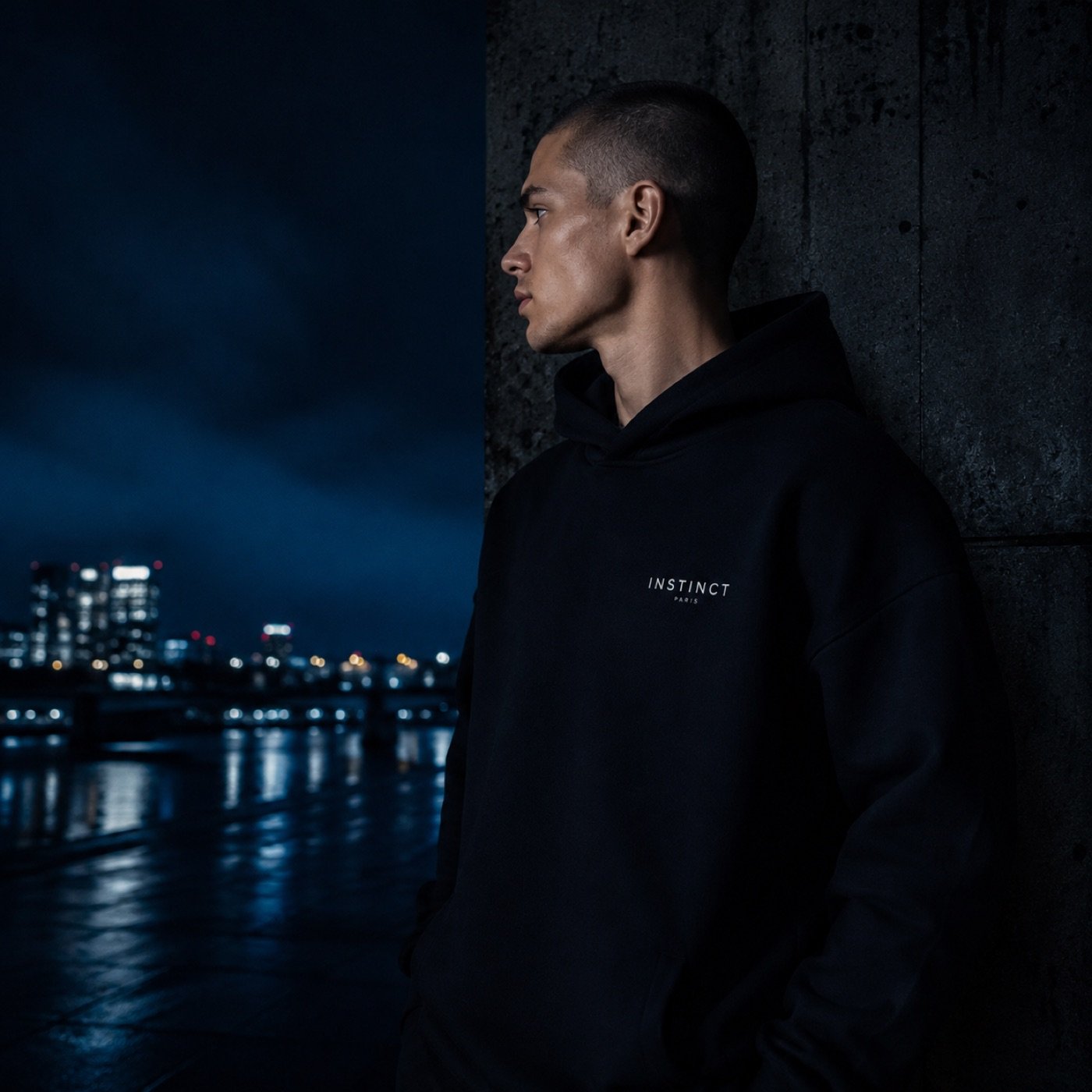 Hoodie INSTINCT PARIS dans une lumière bleue nocturne